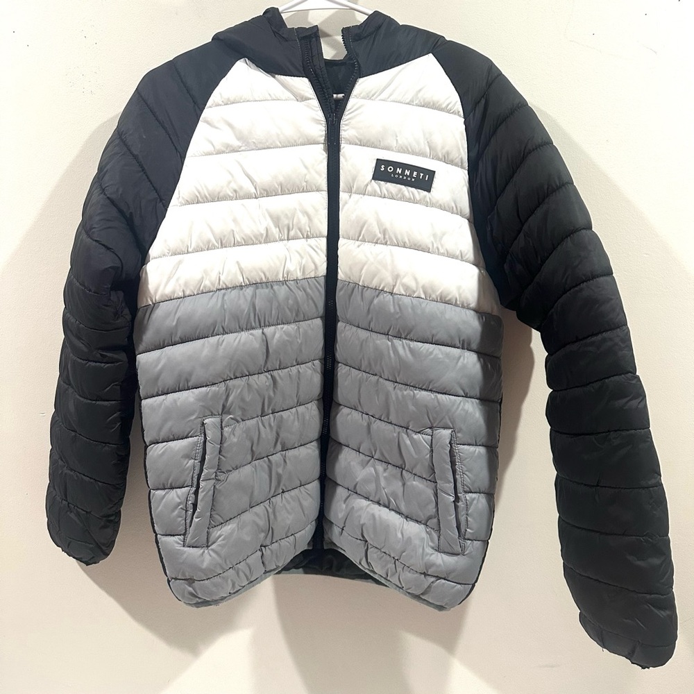 Sonneti London Boys' Colorblock Puffer Jacket Hooded Zip Black White Gray- XL